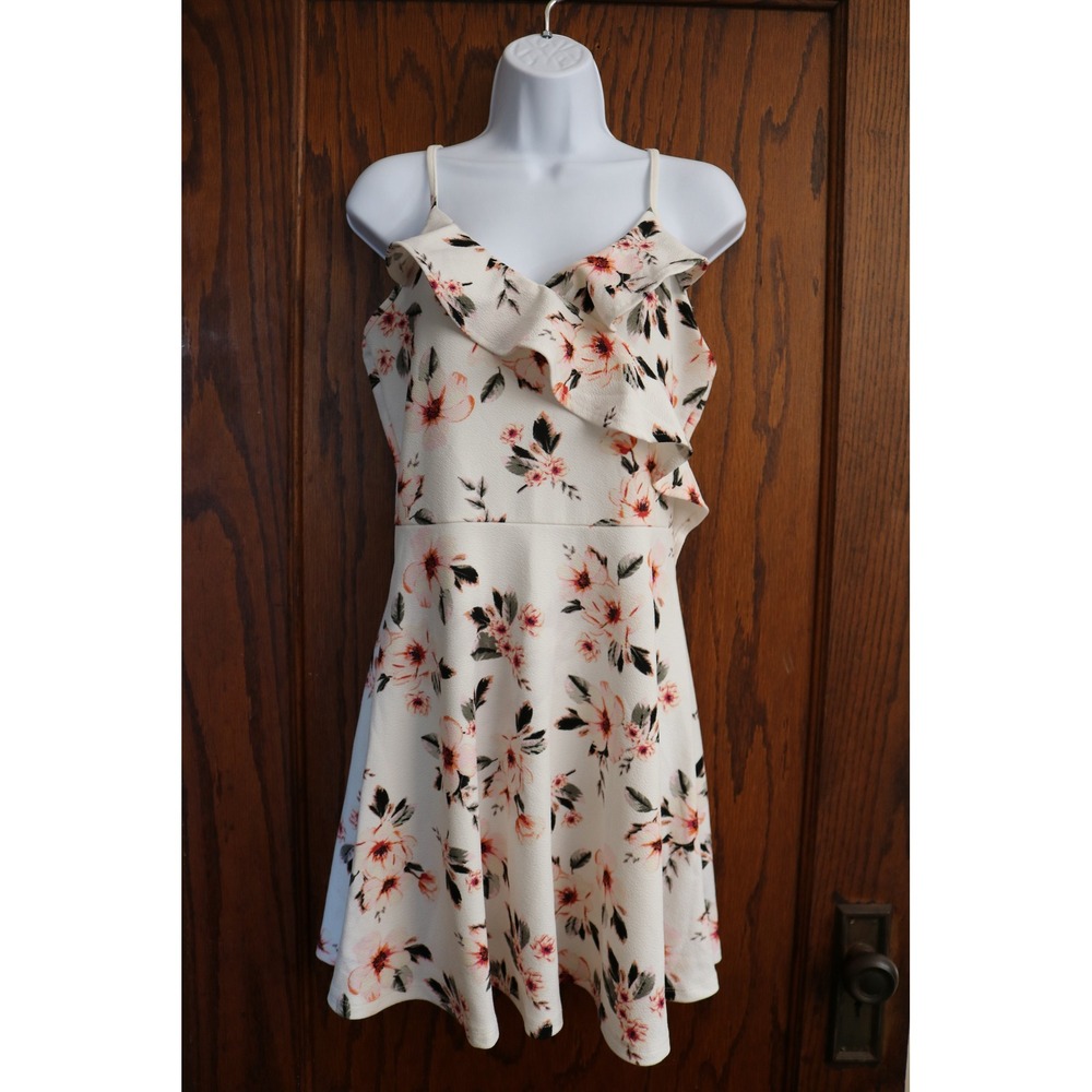 ALMOST FAMOUS Mini Dress Women Large Ivory Pink Summer Sun Dress Floral Ruffle